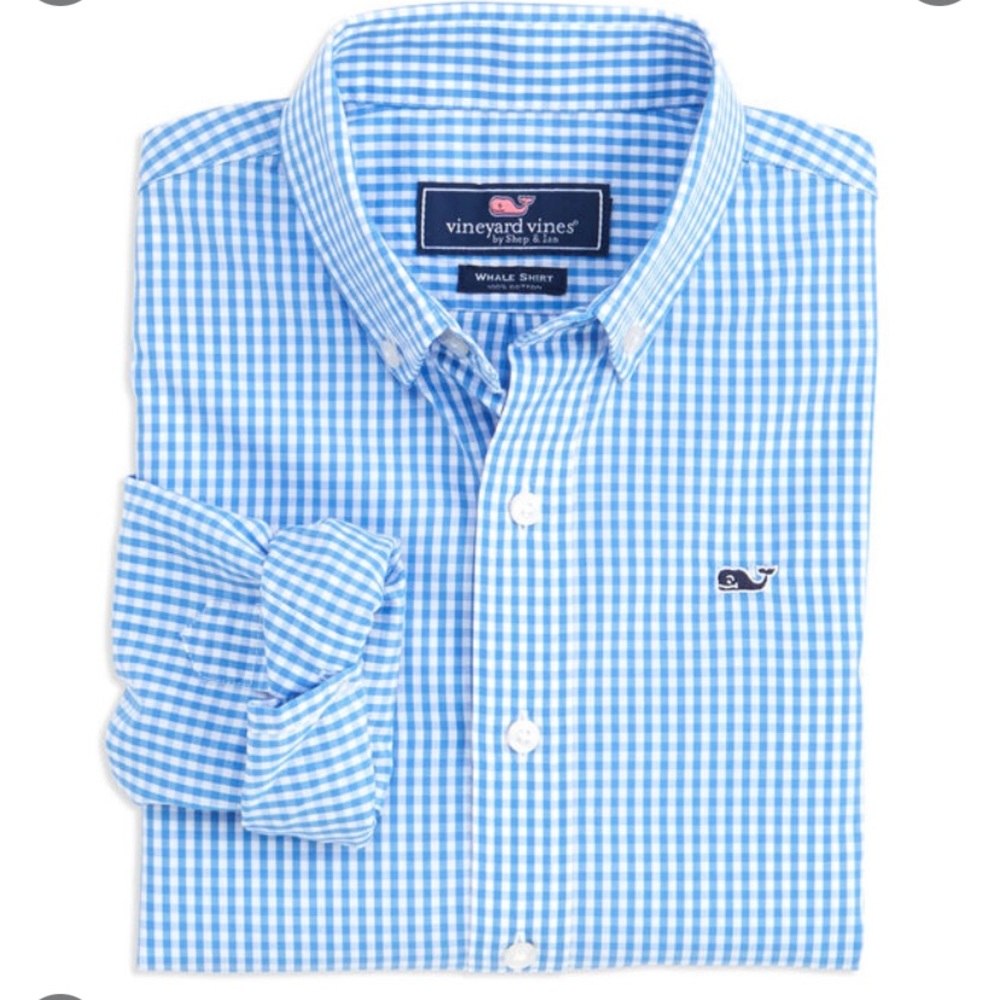 Vineyard Vine’s Boys Blue Gingham Whale Shirt